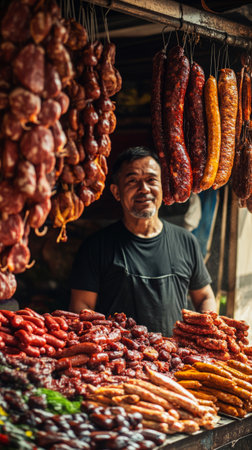 Butcher in a bustling market stall, displaying a variety of sausages and fresh meat cuts, creating a lively and inviting atmosphere for shoppersの素材