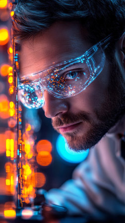 In a dynamic, high-tech lab filled with glowing interfaces and advanced robotics, a driven male scientist conducts experiments with precision and innovative energyの素材