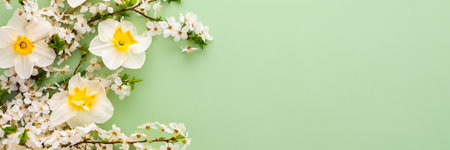 Festive banner with spring flowers, white daffodils and flowering cherry branches on a light green pastel backgroundの写真素材