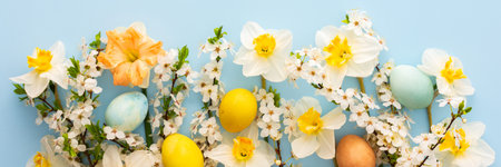 Festive banner with spring flowers and Easter eggs, white daffodils and cherry blossom branches on a blue pastel backgroundの写真素材