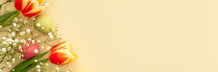 Spring Easter background, multi-colored Easter eggs with tulips and gypsophila on a yellow background, bannerの写真素材