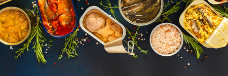 A top view of open tin cans with canned salmon, mackerel, sprat, sardine, tuna, herring, and fish pate, surrounded by spices and herbs on a blue background, bannerの写真素材