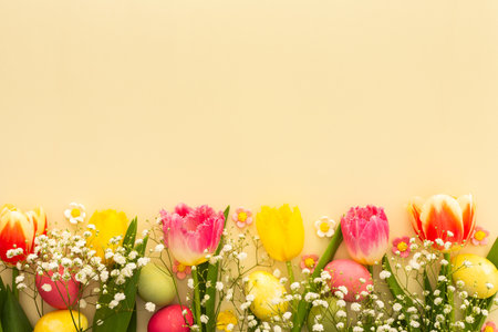 Spring Easter background, multi-colored Easter eggs with tulips and gypsophila on a yellow backgroundの写真素材