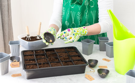 A woman gardener plants tomato and pepper seedlings in plastic containers ,preparation for spring work in the gardenの写真素材