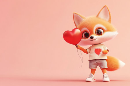 A cute baby fox in a shirt, shorts and sneakers holds a red heart-shaped balloon, radiating joy and playfulness against a pastel backgroundの素材