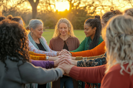 A circle of women of different ages and ethnicities join hands in a park during golden hour, symbolizing solidarity and unity for International Women Dayの素材