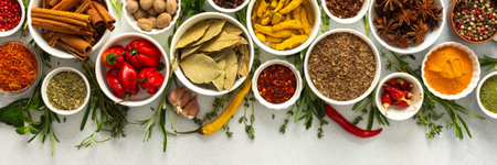 Assorted cooking spices and herbs arranged on a gray background, featuring natural tones that add depth and aroma to any meal, bannerの写真素材