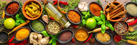 A rich palette of colorful spices and herbs, resting on a brown background, radiating freshness and aroma, perfect for gourmet inspiration, bannerの写真素材