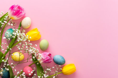 Spring Easter background, multi-colored Easter eggs and tulips with gypsophila on a pink background, copy spaceの写真素材