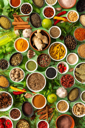 Fresh, fragrant spices and herbs arranged in an array of colors, sitting on a soft green backdrop, bringing flavor to any kitchenの写真素材