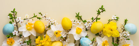 Festive banner with spring flowers and Easter eggs, white daffodils and cherry blossom branches on a yellow pastel backgroundの写真素材