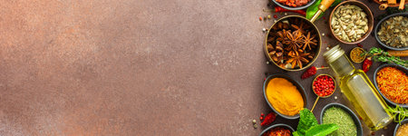 A visually striking arrangement of fresh spices and herbs on a brown surface, highlighting their vivid colors, intricate details and rich culinary essence, bannerの写真素材