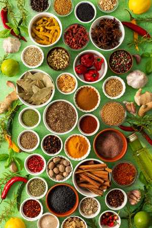 Brightly colored spices and herbs arranged on a delicate green background, highlighting their freshness and fragrance for a lively natural lookの写真素材