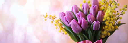 A beautiful floral arrangement with purple tulips and yellow mimosa, set against a pastel background captures an elegant, joyful spirit for Women Day celebrations, bannerの素材