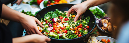A joyful group of friends laughing together while enjoying a fresh vegetable salad at an outdoor picnic, embracing community and health, bannerの素材