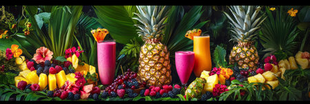 A delicious assortment of tropical fruits, including golden pineapple and juicy papaya, accompanied by vibrant smoothies in pink and orange, creating a refreshing and exotic dining experience, bannerの素材