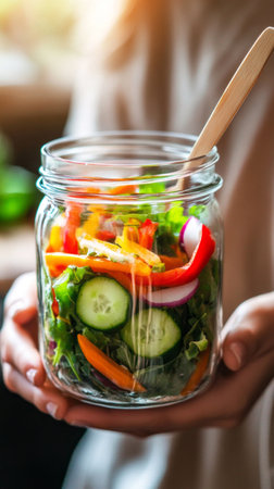 A woman delicate fingers hold a clear glass jar filled with colorful vegetables like red bell peppers, carrots, and leafy greens, illuminated by soft sunlight in a rustic settingの素材