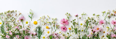Soft pink and white wildflowers scattered around a blank center, creating a natural, calming frame against a simple white background, ideal for a fresh, clean design or text presentation, bannerの素材