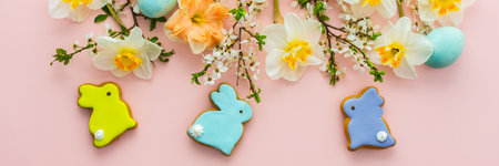 Festive banner with spring flowers and naturally colored eggs and Easter bunnies, white daffodils and cherry blossom branches on a pink pastel backgroundの写真素材