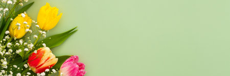 Spring background, multi-colored tulips with gypsophila on a green background, copy space, bannerの写真素材