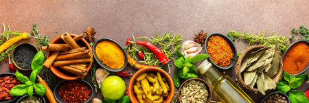 A rich palette of colorful spices and herbs, resting on a brown background, radiating freshness and aroma, perfect for gourmet inspiration, bannerの写真素材