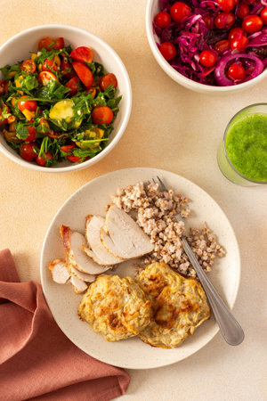 A healthy meal of green buckwheat with chicken breast, zucchini pancakes, fresh and fermented vegetable salads, celery cucumber smoothieの写真素材