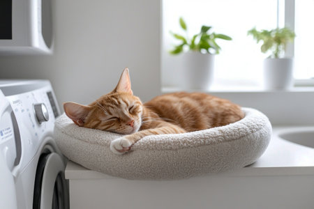 A content cat napping peacefully in a cozy cat bed, set in a bright, minimalist laundry room with natural light, tranquil, stylish, clean, organized, perfect for home decor inspirationの素材