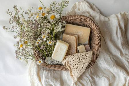 A sustainable gift set featuring handmade soaps, beeswax candles, and organic skincare, elegantly arranged in a woven basket with soft lighting and a clean white backdropの素材