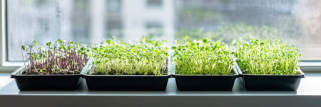 On a clean, white-framed windowsill, microgreens grow lush and vibrant in neat black trays, with sunlight illuminating the fresh greens, ready for harvesting, bannerの素材