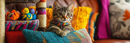 A playful kitten scaling a pet tower amidst colorful toys, its curious look illuminated by soft lighting, conveying a lively, cozy, and fun-filled atmosphere in a warm indoor setting, bannerの素材