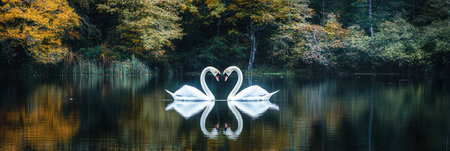 Two white swans entwine their necks in a heart shape on a calm lake, their reflections creating a serene and harmonious scene, symbolizing peace and elegance. bannerの素材