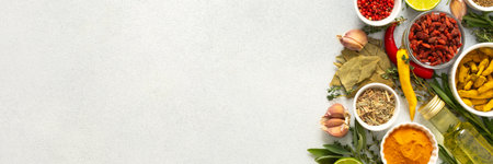 A wide selection of cooking spices and herbs on a gray background, perfect for adding depth to any dish, top view, copy space, bannerの写真素材
