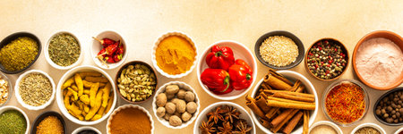 Collection of assorted spices and herbs spread on a beige background, blending exotic aromas to inspire flavorful cooking, bannerの写真素材