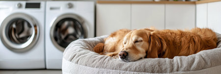 A serene moment of a dog napping in a cozy bed within a bright, modern laundry room, highlighting a clean, minimalist design with pet-friendly features, bannerの素材