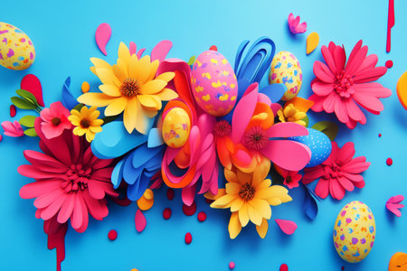 A colorful background with vibrant spring flowers and decorated Easter eggs, perfect for festive holiday banners , cheerful greeting cardsの素材