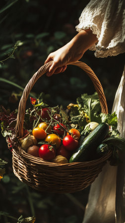 Fresh vegetables like tomatoes, eggplants, and cucumbers glisten with dew in a rustic wicker basket, held gently by a woman hands, bathed in soft, diffused sunlightの素材