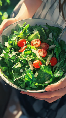 A close-up view of a girl hand holding a bowl of fresh, colorful salad, emphasizing health, freshness, and wholesome ingredientsの素材