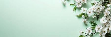 Lush cherry blossoms sit on a pastel light mint background, creating a peaceful scene with copy space, ideal for branding or creative mock-up use, bannerの素材