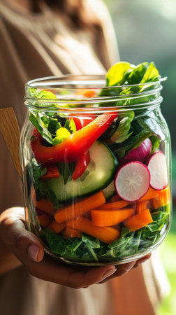 A woman delicate fingers hold a clear glass jar filled with colorful vegetables like red bell peppers, carrots, and leafy greens, illuminated by soft sunlight in a rustic settingの素材