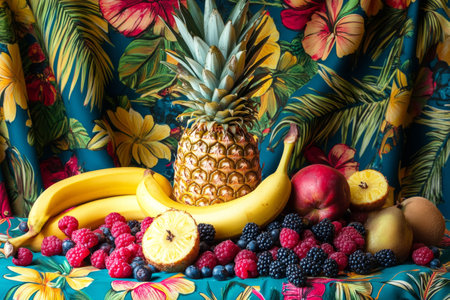 A bold composition of tropical fruits with a golden pineapple centerpiece, elegantly draped bananas, and vibrant berries scattered around, set on a vibrant patterned tableclothの素材