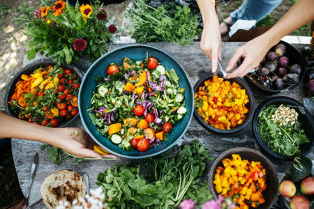 A group of friends enjoying a fresh vegetable salad at a picnic, laughing and sharing, surrounded by nature , joyの素材
