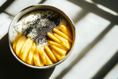A yogurt bowl with mango slices and chia seeds, a fresh, healthy breakfast, showcasing vibrant fruit and creamy texture for a nutritious start to the dayの素材
