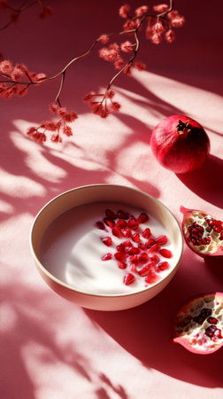 Coconut milk and pomegranate seeds fill a delicate bowl, with filtered light creating soft shadows through sheer fabric. The gentle play of light and shadow enhances the peacefulの素材