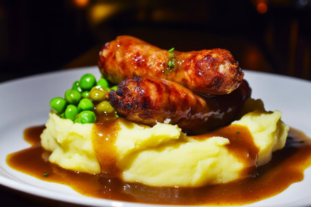 A comforting plate of bangers and mash with juicy sausages, creamy mashed potatoes, and savory onion gravy, topped with peas for a hearty, classic meal, traditional English dishの素材