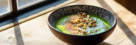 A matcha smoothie bowl, garnished with nuts and sesame seeds, sits in soft, natural light. Shadows stretch from the side of the window, adding depth and contrast to the healthy breakfast scene, bannerの素材