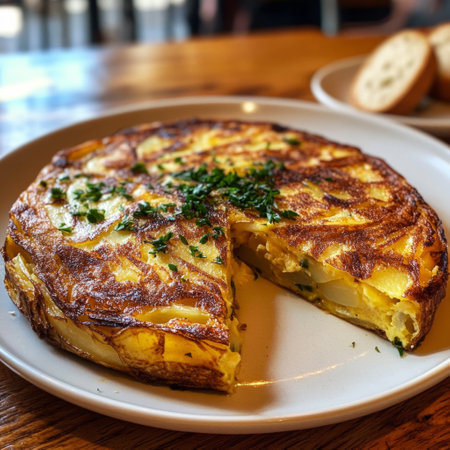 A classic Spanish tortilla, golden and crispy on the outside, filled with soft potatoes, onions, and eggs, garnished with fresh parsley and served with crusty bread, traditional Spanish dishの素材