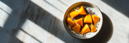 A refreshing yogurt bowl with mango and chia seeds, providing a healthy and flavorful start to your day with natural, nourishing ingredients, bannerの素材