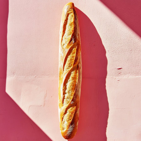 A crispy, golden baguette leaning against a soft pink wall, casting a strong shadow that emphasizes its texture, set in a casual yet inviting food photography styleの素材