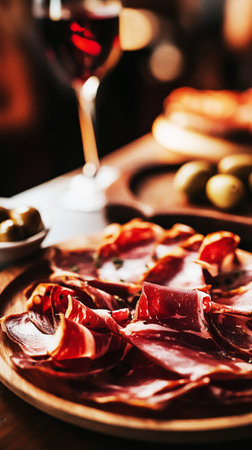 Plate of Jamon Iberico, with melt-in-your-mouth slices and vibrant, rich color, complemented by fresh olives and a drizzle of olive oil, traditional Spanish dishの素材