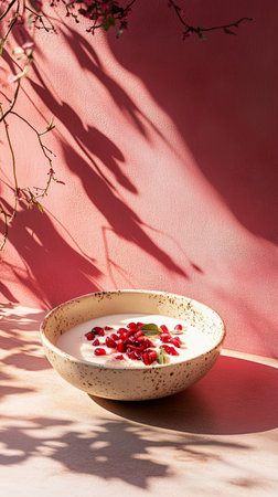 Coconut milk and pomegranate seeds fill a delicate bowl, with filtered light creating soft shadows through sheer fabric. The gentle play of light and shadow enhances the peacefulの素材